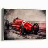 Side view of vintage race cars in colorful art on black background, framed canvas, ideal for a game room or office.