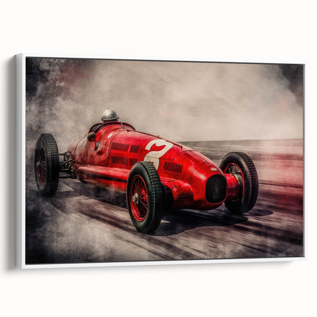 Vintage poster art of colorful race cars on a large framed canvas, ideal for living room wall decor.