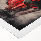 Art deco poster featuring a dynamic race car scene in bold red and black tones on rolled canvas.