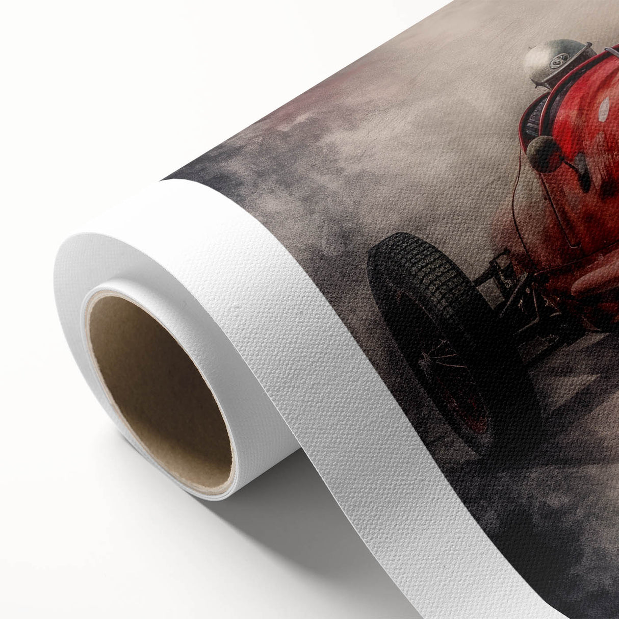 Art Deco style race car poster in vibrant primary colors on rolled canvas, ideal for nursery wall art.