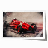 Art wall featuring a dynamic race car scene in vivid colors on a rolled print, ideal for dining room decor.