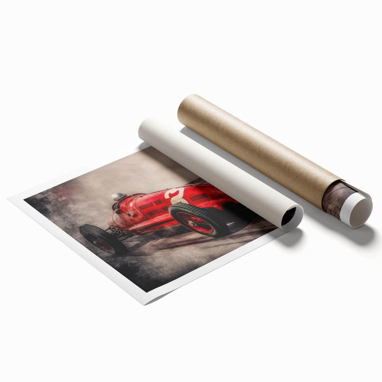 Rolled print of a car race in vibrant colors, suitable as extra large wall art for a modern living room.