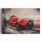 Black and white print of race cars in motion on a stretched canvas, suitable as large kitchen wall art or for bedroom decor.