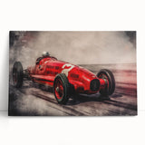 Black and white photo of race cars in motion on stretched canvas, suitable as large kitchen wall art.