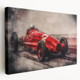 Side view of race cars in motion, rendered in bold red and black tones on a stretched canvas, suitable for kitchen wall art.