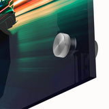 Mid-century modernist race cars in vibrant colors on large acrylic print, suitable for dining room art.