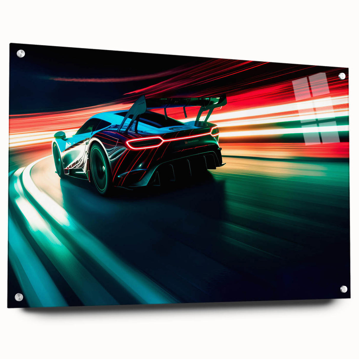 Acrylic print of race cars in dynamic motion, featuring vivid red and blue tones, ideal for a modern bedroom or dining room.