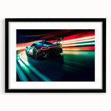 Extra large abstract art print of colorful race cars, textured style on black framed canvas, ideal for living room.