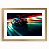 Extra large abstract art print featuring race cars in vivid orange and blue tones on a textured canvas.