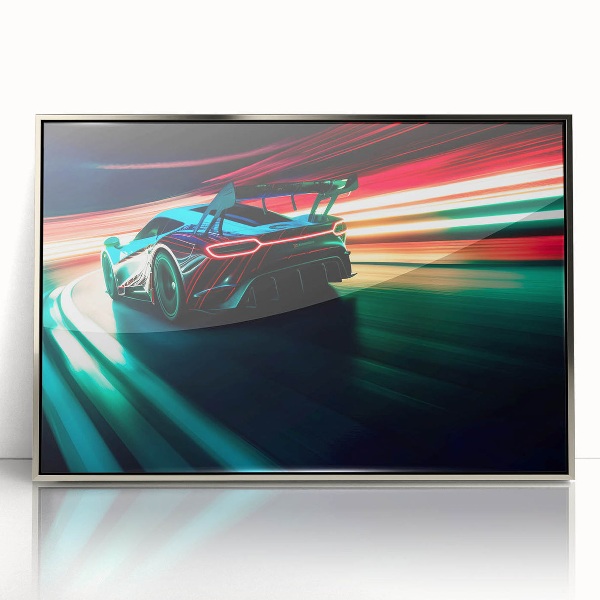 Mid-century modernist art of race cars in motion, framed acrylic in silver, ideal for nursery wall art.