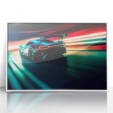 Art deco poster of race cars in vibrant colors on white acrylic, ideal for modern nursery wall decor.