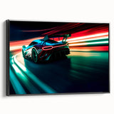 Black and white vintage poster art of race cars in motion, printed on framed canvas, suitable for bedroom wall decor.