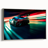 Vintage poster art of colorful race cars in motion, printed on framed canvas, ideal for decorating a game room or office.