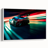Framed canvas vintage poster art featuring a side view of colorful race cars on black, ideal for living room decor.