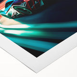 Art deco poster featuring a lineup of race cars in vivid colors on a rolled canvas, suitable for dining room decor.