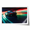 Art wall of race cars in motion, printed on rolled canvas, featuring vibrant colors, ideal for dining room decor.