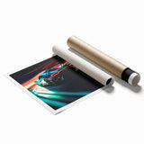 Extra large wall art depicting a dynamic car race on a rolled print, with vivid colors, suited for a large living room.