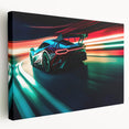 Side view of race cars in motion on a stretched canvas, depicted in bright primary colors, suitable for kitchen wall art.
