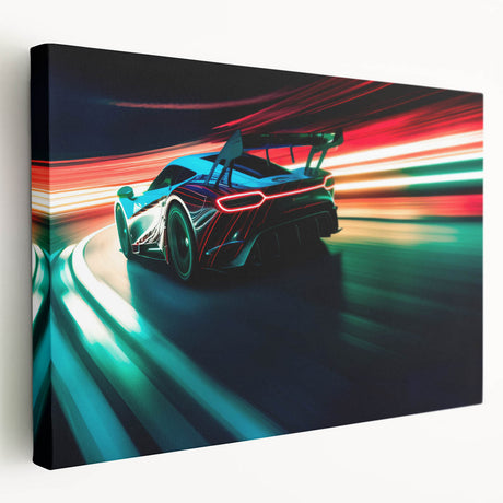 Side view of race cars in motion on a stretched canvas, depicted in bright primary colors, suitable for kitchen wall art.