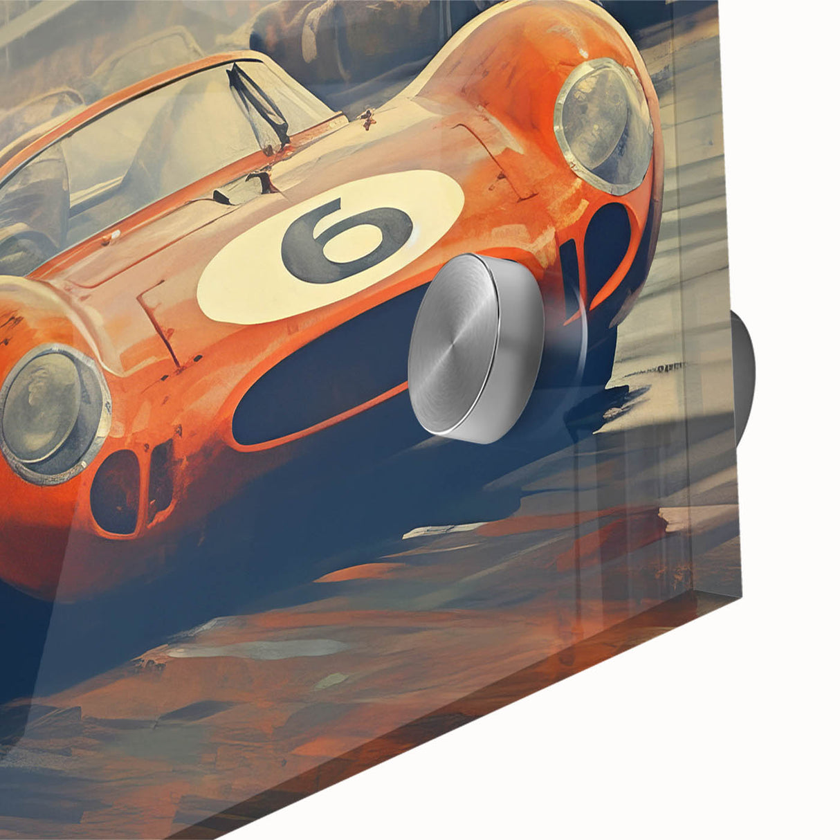 Mid-century modernist race cars in vibrant colors on acrylic glass, ideal for dining room art.