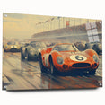 Acrylic print of race cars in motion, using bright primary colors, ideal for bedroom or dining room wall decor.