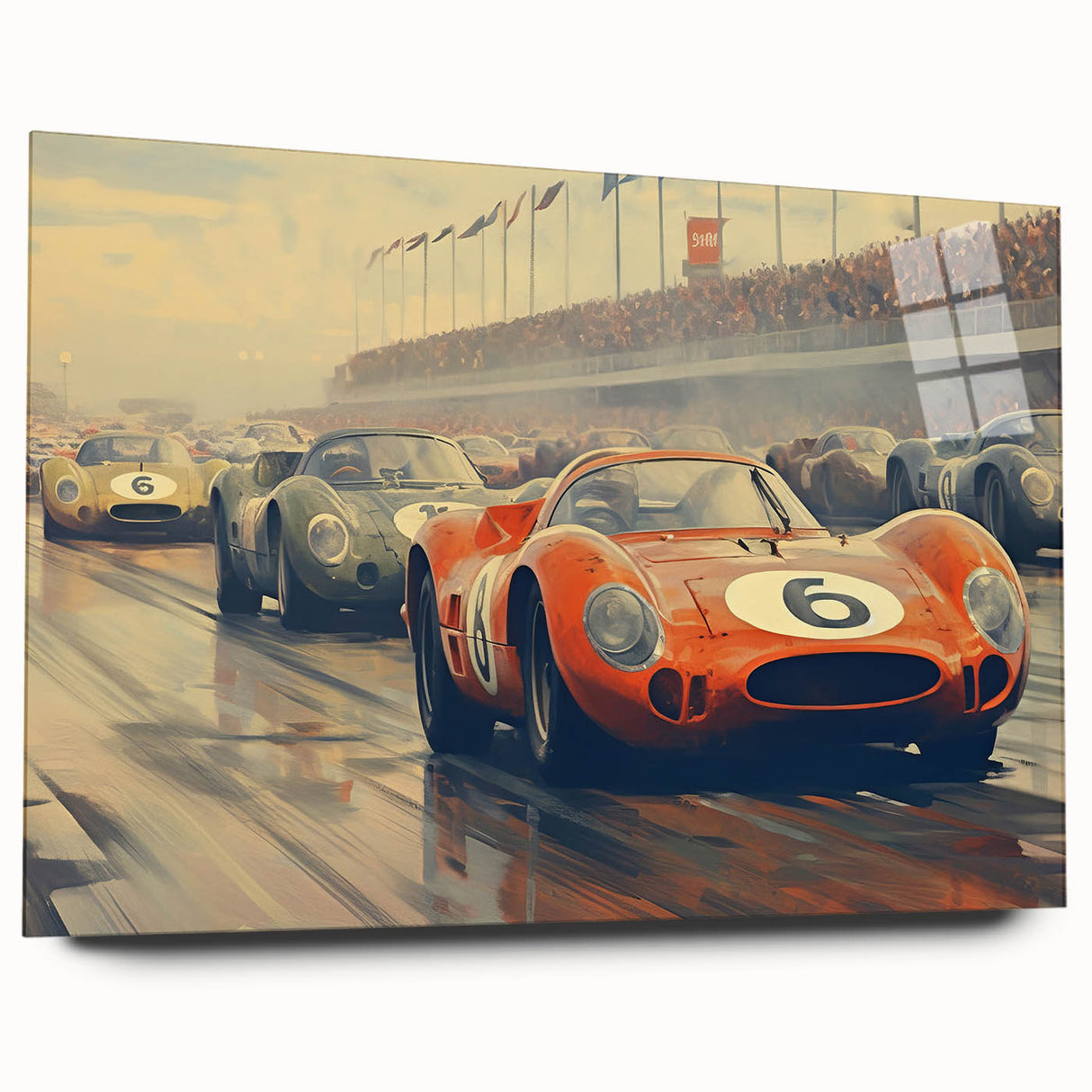 Acrylic print of a side-view race car in grayscale, ideal for modern bedroom or dining room decor.