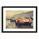 Extra large abstract art print of colorful race cars, textured finish on framed black mat, ideal for living room decor.