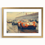 Extra large abstract art print of racing cars in vibrant colors on a textured canvas, framed in gold.