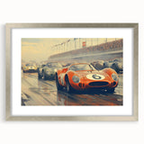 Textured art print of abstract race cars in muted gray and silver tones on a framed canvas, suitable for bedroom decor.
