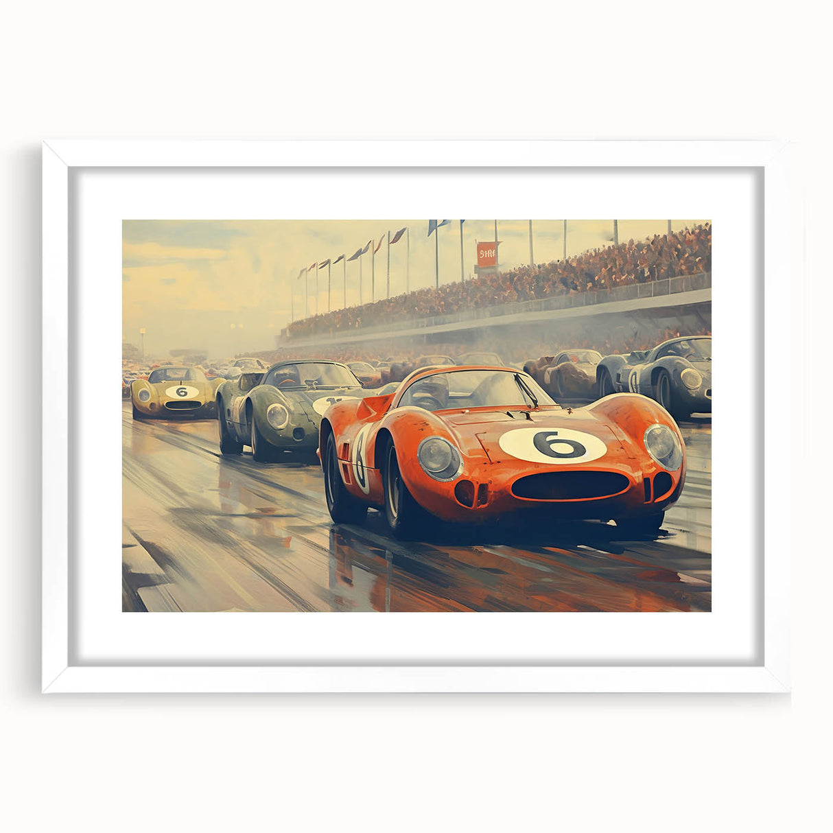 Abstract art print featuring race cars in motion, using bright primary colors on a white framed canvas.