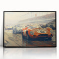 Large abstract wall art featuring race cars in motion, rendered in bold colors on a framed acrylic.