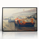 Large abstract wall art featuring race cars in motion, rendered in bold colors on a framed acrylic.