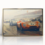 Mid-century modernist race cars in muted gold and black, acrylic print, suitable for modern art wall decor.
