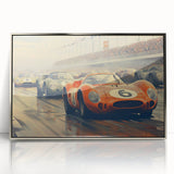 Mid-century modernist art depicting race cars in bold primary colors on a silver-framed acrylic, ideal for nursery wall art.