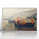 Art deco poster of race cars in vibrant colors, acrylic print in white frame, suitable for modern nursery wall art.