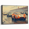 Black and white framed canvas depicting a vintage race car in motion, ideal for bedroom wall art.