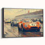 Black and white framed canvas depicting a vintage race car in motion, ideal for bedroom wall art.