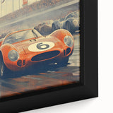 Extra large framed canvas of colorful race cars in motion on a black background, textured art ideal for living room decor.