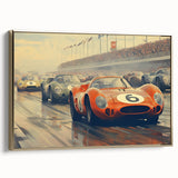 Framed canvas featuring a side view of vintage race cars in black and gold, ideal for bedroom wall art.