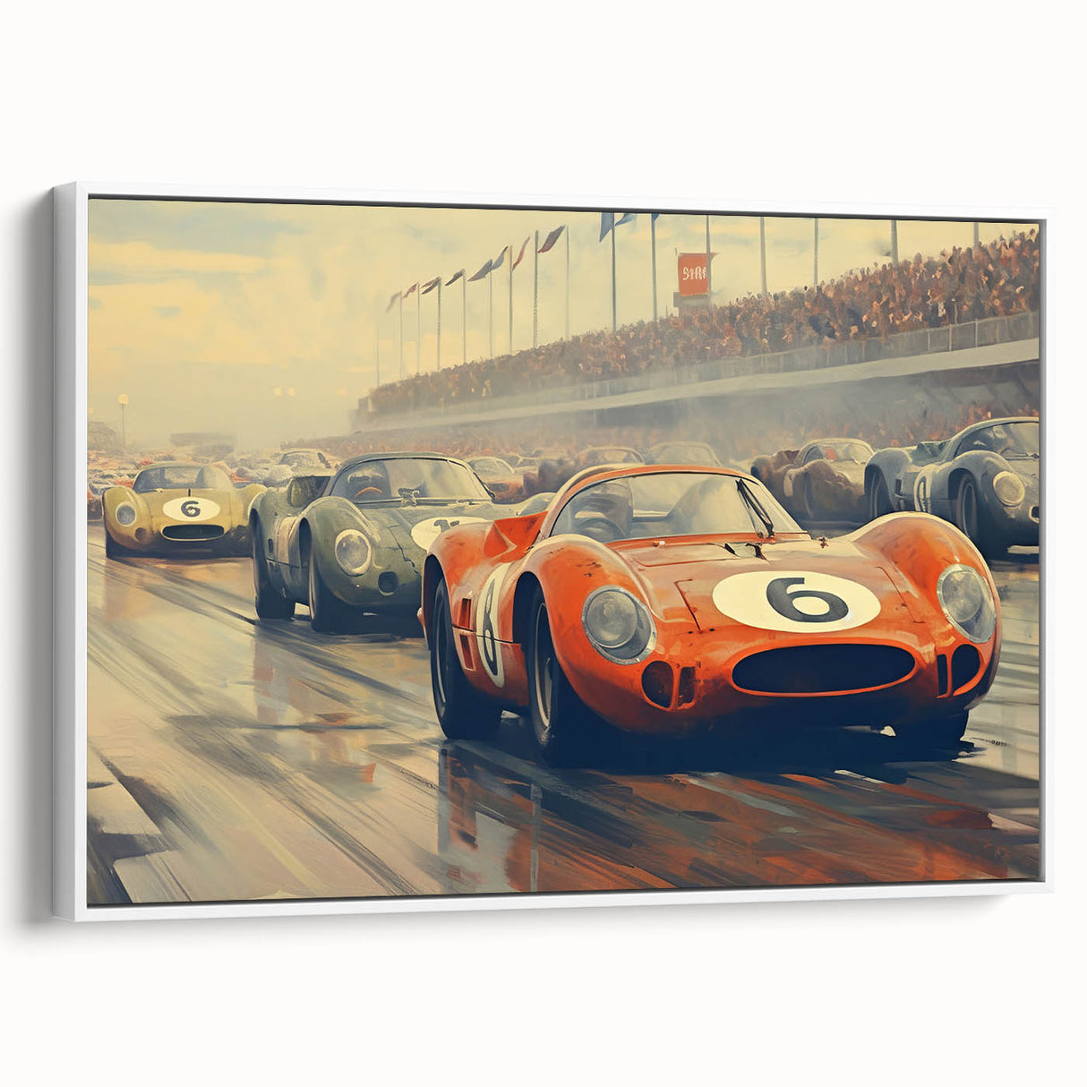 Vintage poster art of colorful race cars on a black background, printed on extra large framed canvas.