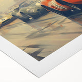 Art deco poster featuring a lineup of vintage race cars in muted earth tones on rolled canvas.