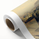 Art deco style race cars in vibrant primary colors on rolled canvas, ideal for nursery wall art.