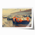 Rolled print of race cars in dynamic motion, using bright primary colors, suitable for art wall dining room decor.