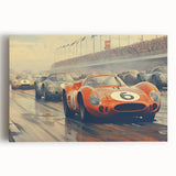 Black and white canvas depicting a dynamic car race, ideal for kitchen wall art or bedroom ambiance.
