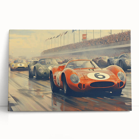 Colorful race cars in motion on a large canvas, suitable for adding energetic ambiance to a kitchen space.