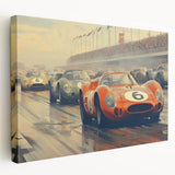 Black and white photo of vintage race cars, printed on large stretched canvas, suitable for kitchen wall art.