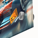 Mid-century modernist race cars in bold colors on large acrylic print, suitable for dining room art.