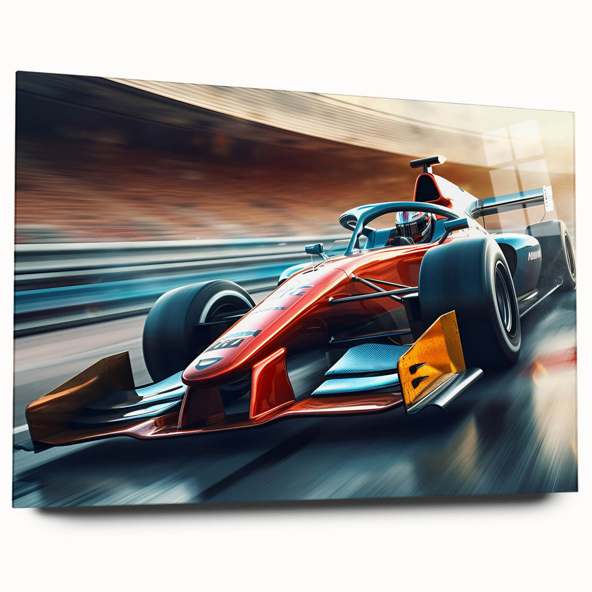 Acrylic print of abstract race cars in vivid red and blue, ideal for bedroom or dining room art.