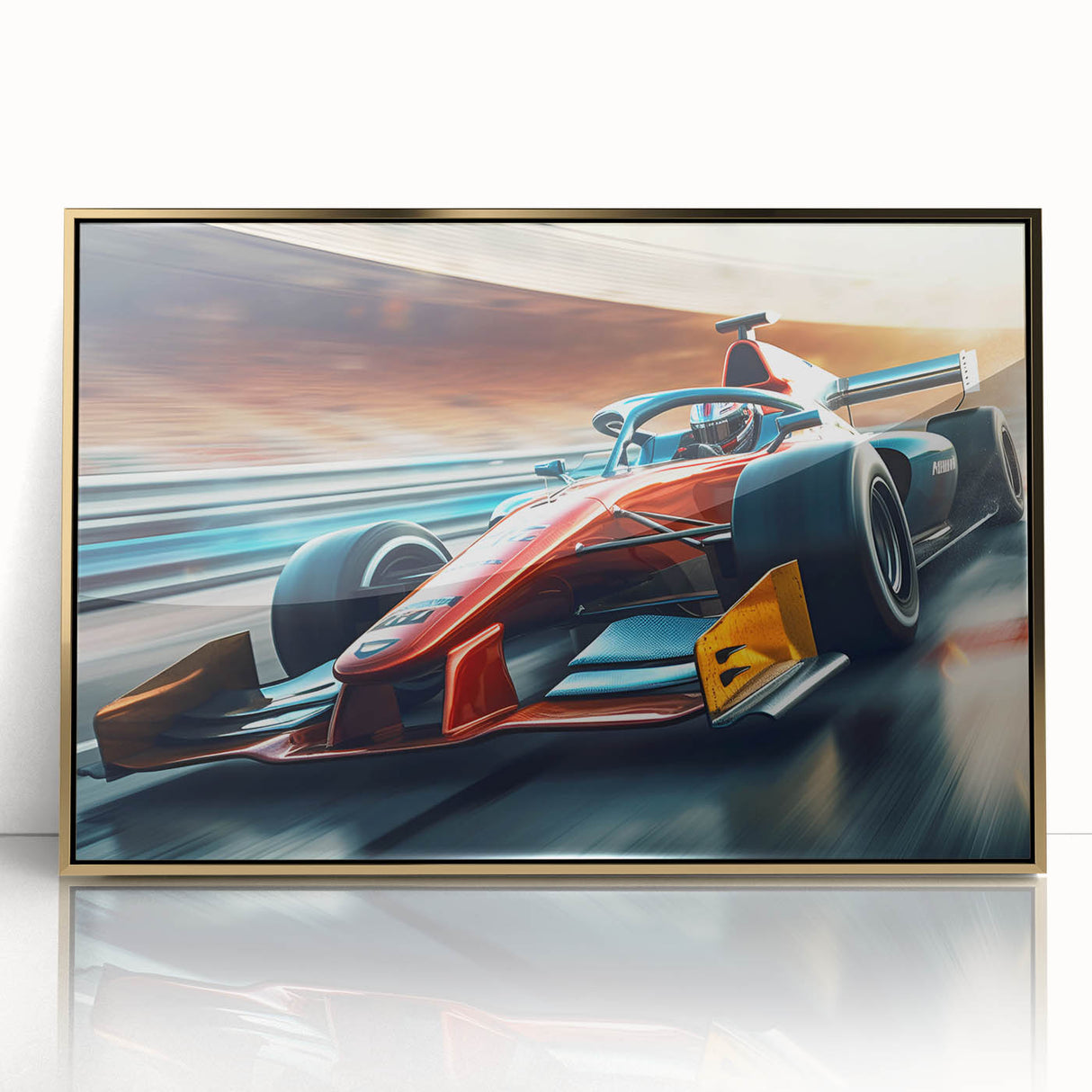 Mid-century modernist race cars in vibrant colors on a large acrylic print, suitable for modern art wall decor.