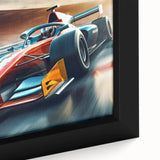 Black wall art featuring a close-up of colorful race cars, textured canvas, ideal for extra large living room decor.